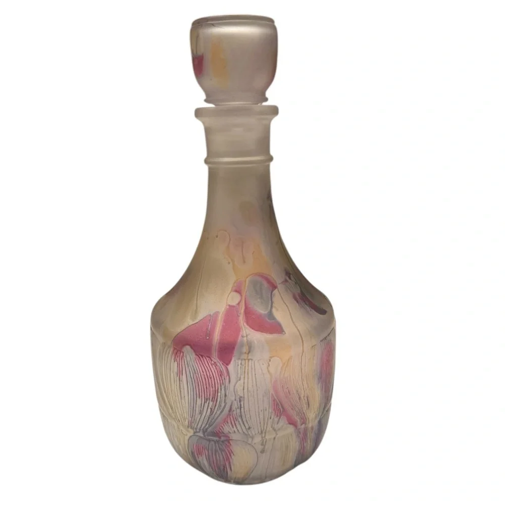 Nouveau Art Glass Wine Decanter Multi-Color Hand Painted Abstract Design France